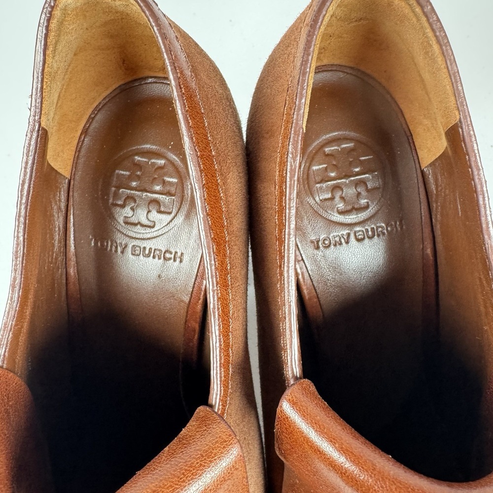 Tory Burch Arelia Brown Suede Leather Kiltie Pump Stacked Heels Tassels Sz 9.5 M - Picture 9 of 13